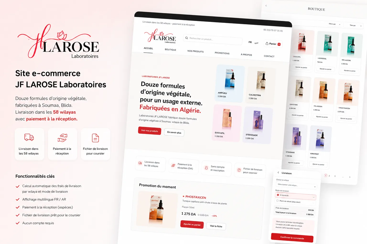 واجهة متجر JF LAROSE تعرض المنتجات وصفحة الدفع عند الاستلام